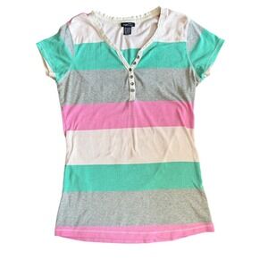 Rue 21 Henley Y2K Striped Short Sleeve Shirt Womens medium color block longline